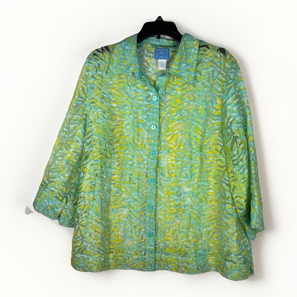 Lark Lane Sheer Tunic‎ Blouse Womens 16W Blue Green Tropical 3/4 Sleeve V Neck